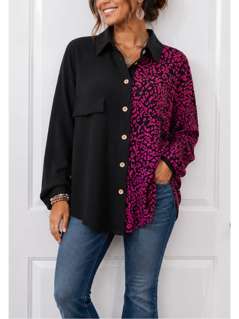Lilypad black & hot pink Leo print button down shirt jacket